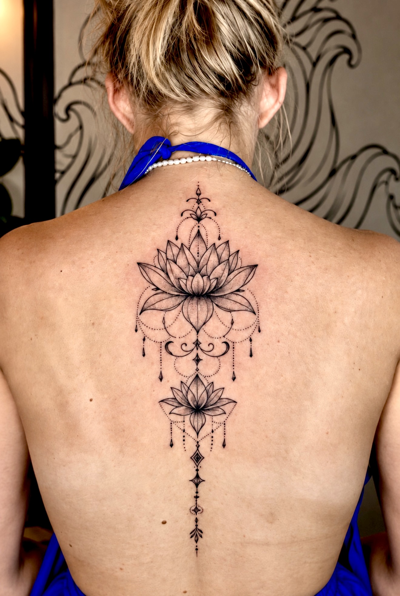 Fine line lotus and mandala tattoo on a back