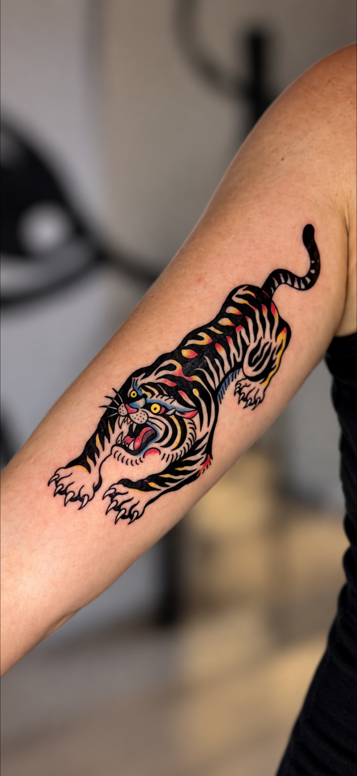 Colourful old school tiger tattoo